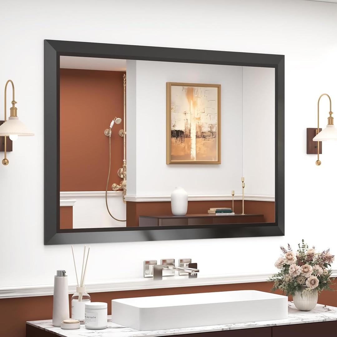 SMIROR 40x30 Matte Black Bathroom Vanity Mirror for Over Sink
Metal Wide Frame, Rectangle, Right- Angle Corner, Anti-Rust, Horizontally or Vertically Wall- Mounted for Home Remodel