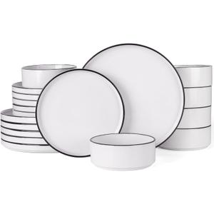 Famiware Nebula Plates and Bowls Sets, 18 Pieces Dinnerware Sets, Dishes Set for 6, White with Black Rim