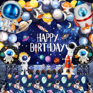 Outer Space Birthday Party Decorations Space Theme Set with Backdrop, Tablecloth, Rocket & Astronaut Foil Balloons, Star Balloons, Cake Topper, Latex balloon for Kids Boys Party