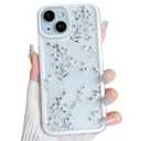 NITITOP Compatible with iPhone 15 Plus Case Clear Cute Floral Flower Branch Leaves Pattern for Women Girls Color Frame Slim Shockproof Durable Protective Phone Cover - White