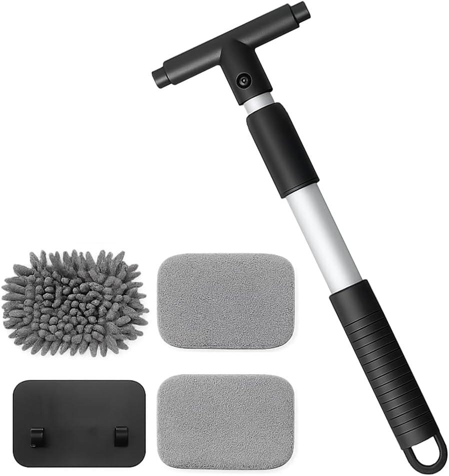 Car Windshield Cleaning Tool, Vehicle Window Cleaner with 3 Reusable Pads & Extendable Handle, Automotive Glass Wiper Wash Kit for Interior Exterior, Universal for Vehicles (Rectangular)