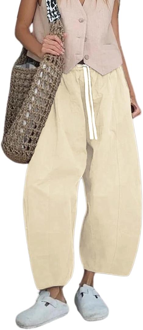 Gihuo Women's Cotton Wide Leg Pants, Elastic Waist Harem Style, Casual Baggy Palazzo Pants with Pockets(Beige-XL) 