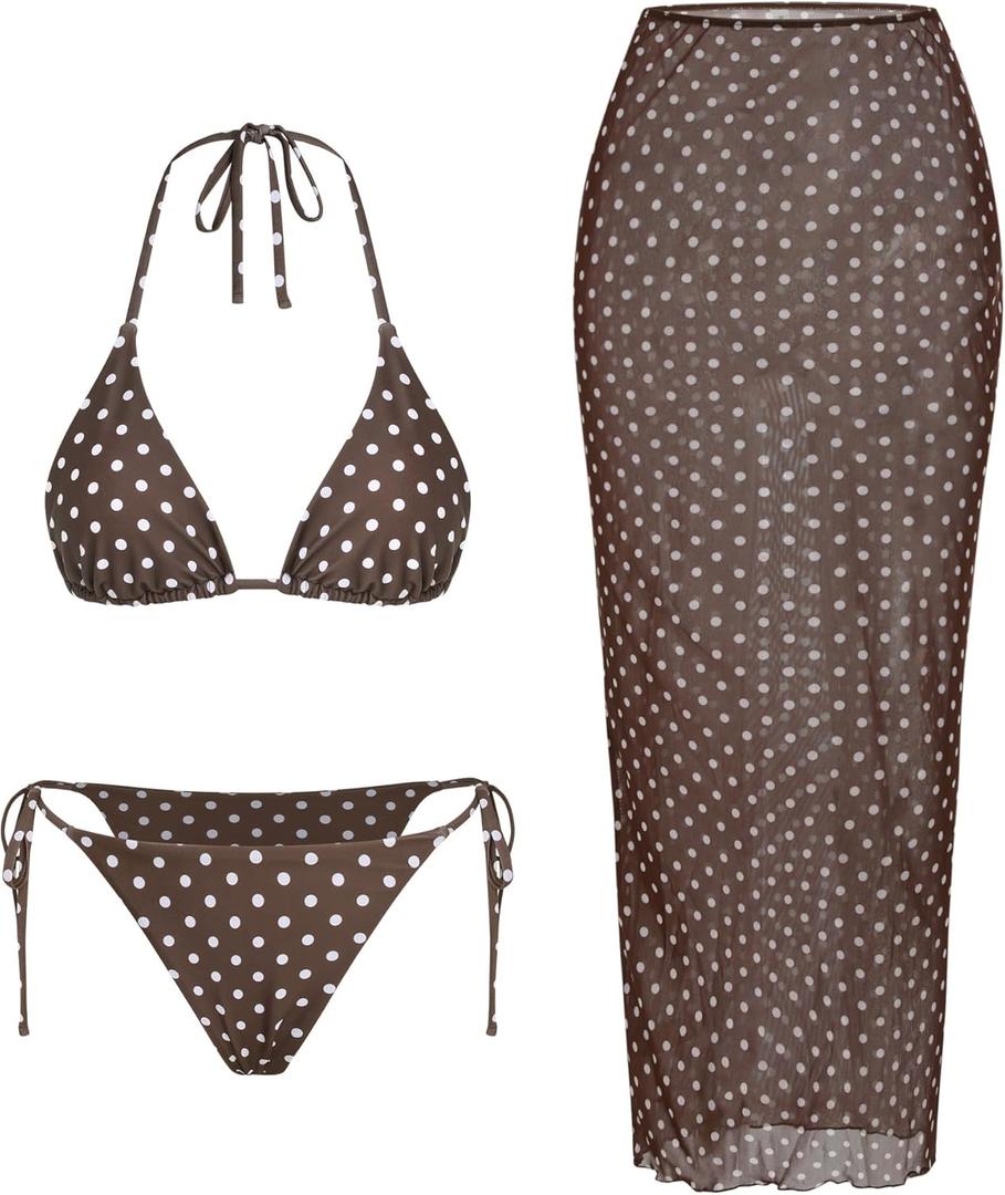 ZAFUL Womens 3pcs Swimsuit Floral Halter Triangle Bikini Top Tie Side Bottom with Long Sheer Cover Up Skirt (Brown, L)