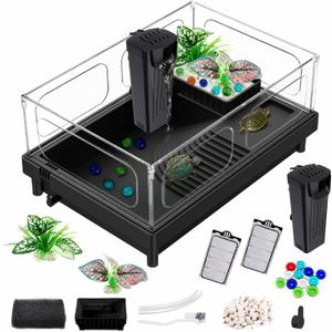 Small Turtle Tank with Filter, Acrylic Aquarium Turtle Tank Starter Kit with Multi-Functional Areas for Tortoise, Crabs, Crayfish, Small Reptiles. (Black)