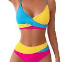 Adisputent Women's 2 Piece Colorblock High Waisted Wrap Spaghetti Strap Summer Swimsuit Bikini Set XXL