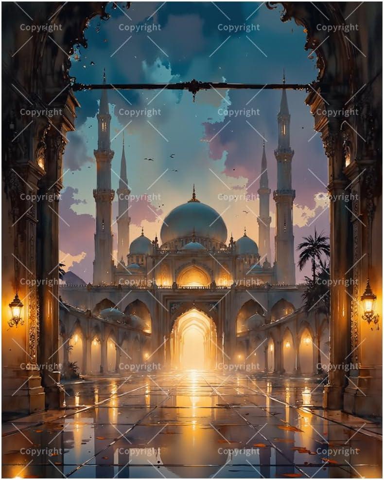 Islamic Architecture Paint by Numbers Kit for Adults - DIY Grand Mosque at Twilight Painting on Canvass, Acrylic Paint Set, Suitable for Beginners, for Home Decoration or Gifts(8X12IN Framed)