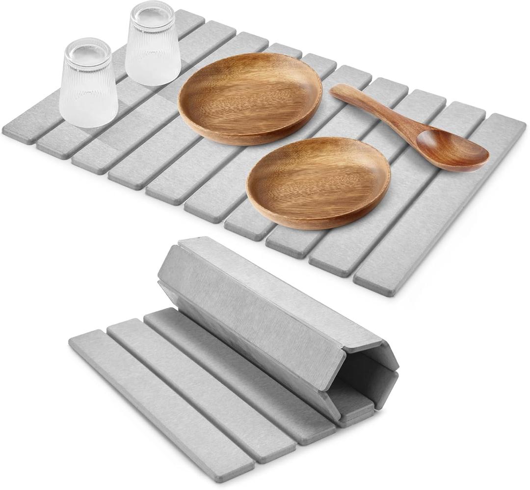Large Stone Dish Drying Mats for Kitchen Counter, 24"(L)16"(W) Collapsible Quick Dry Dish Drying Mat, Eco-Friendly Absorbent Diatomaceous Earth Mat for Dishes Bottles Cups, Match Any Countertop