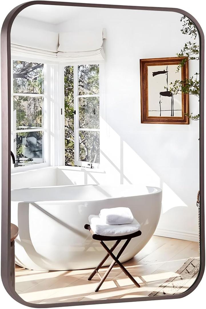20"x30" Brushed Titanium Bathroom Mirror, Dark Grayish Brown Rounded Rectangle Wall Mirror with Metal Frame Hanging for Bathroom Entryway Vanity,Living Room,Bedroom,Vertical or Horizontal