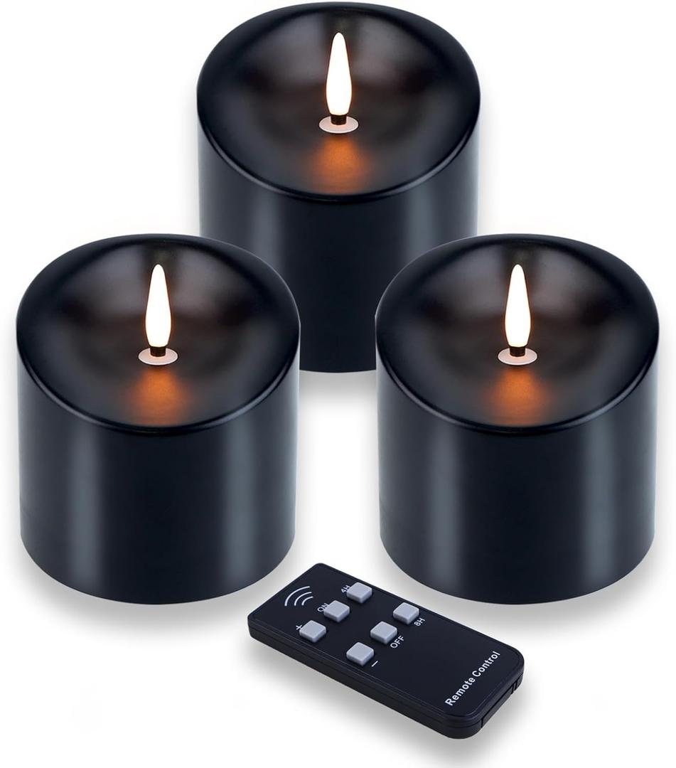 Black Outdoor Waterproof Flameless Candles with Timer, Remote Control Halloween Candles Battery Operated Flickering Last 600 Hours, 3"x3" Electric Fake LED Candle for Gothic Home Decor