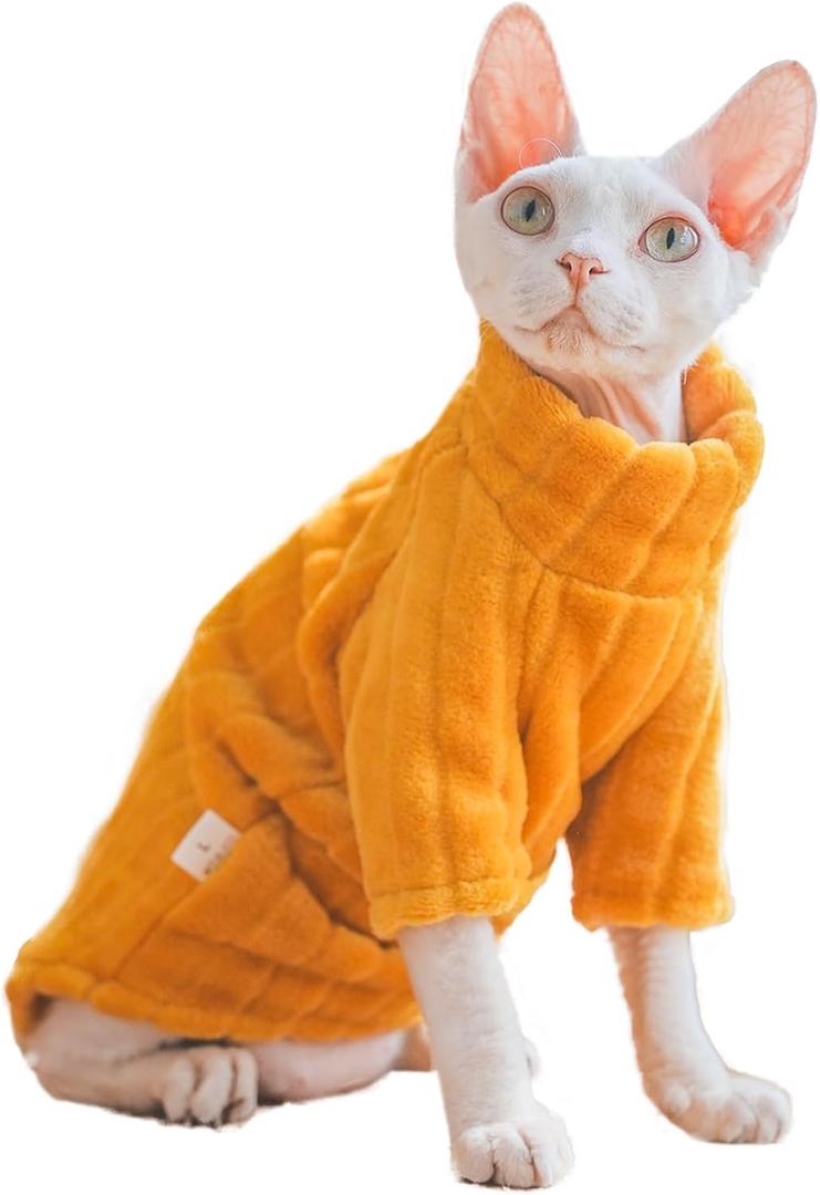 Turtleneck Sweater for Sphynx Cat Soft Coral Fleece Cat Clothes Thick Winter Warm Outfit Coat for Hairless Cats and Small Dogs Apparel with Sleeves (Orange, S (3-5 lbs))