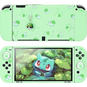 DLseego Dockable Case Design for Switch OLED, Anti-Slip Shock-Absorption Protective Soft Carrying Case and Joy Con Controller with 1 PCS Elf Ball Pendant and 2 PCS Thumb Grip Caps-Green Frog