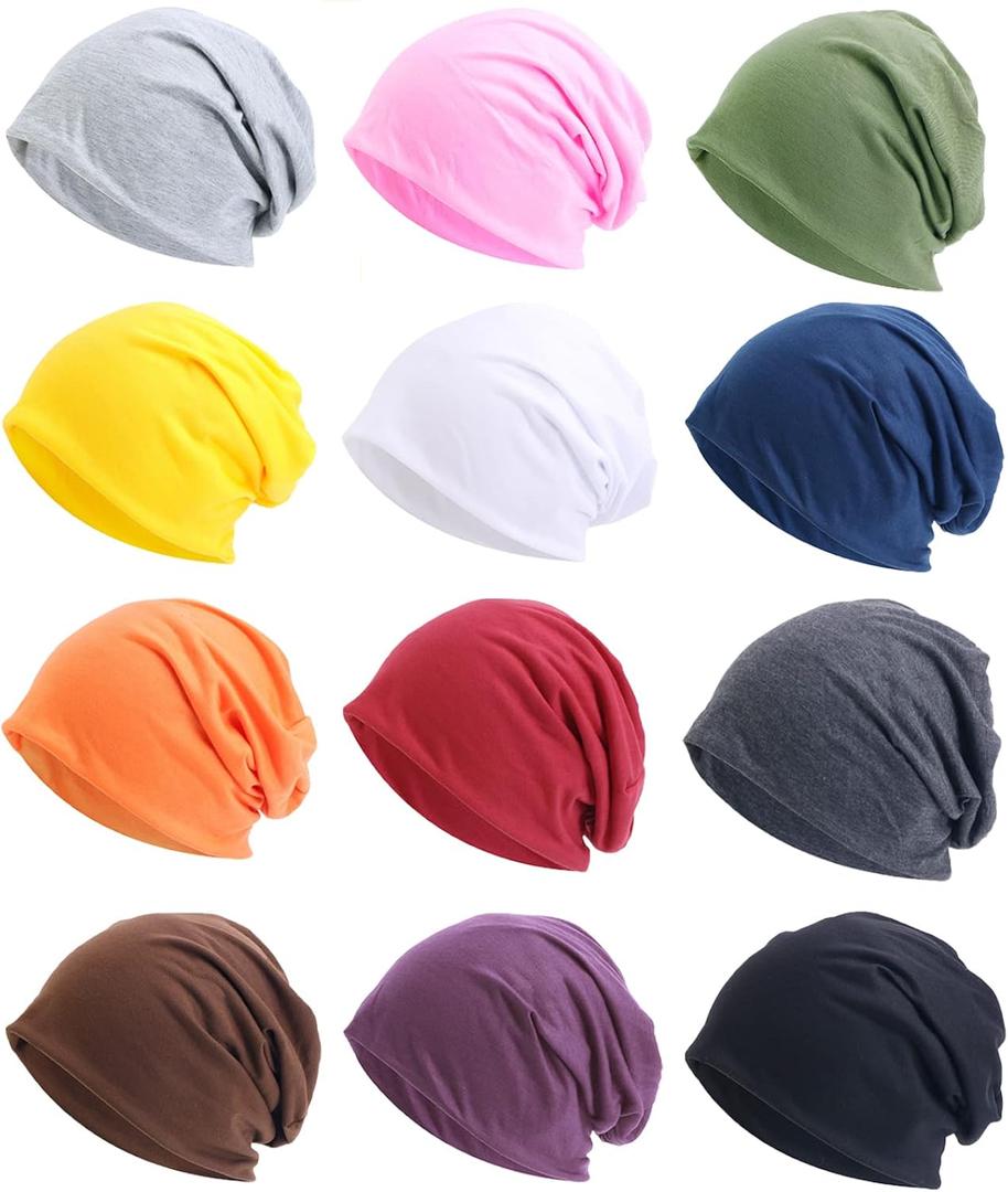 Tergy 12 Pieces Unisex Beanie Hats for Men Women Slouchy Beanie Hip-Hop Caps Ligh weight Soft Skull Caps for Chemo Sleep (Polyester, Multicolor)