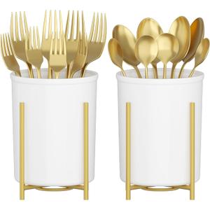 Lifewit Plastic Silverware Holder for Kitchen Countertop, Cutlery Flatware Caddy with Metal Bracket, Utensil Spoon Fork knives Organizer for Party Picnic, Gold, 2 Pack