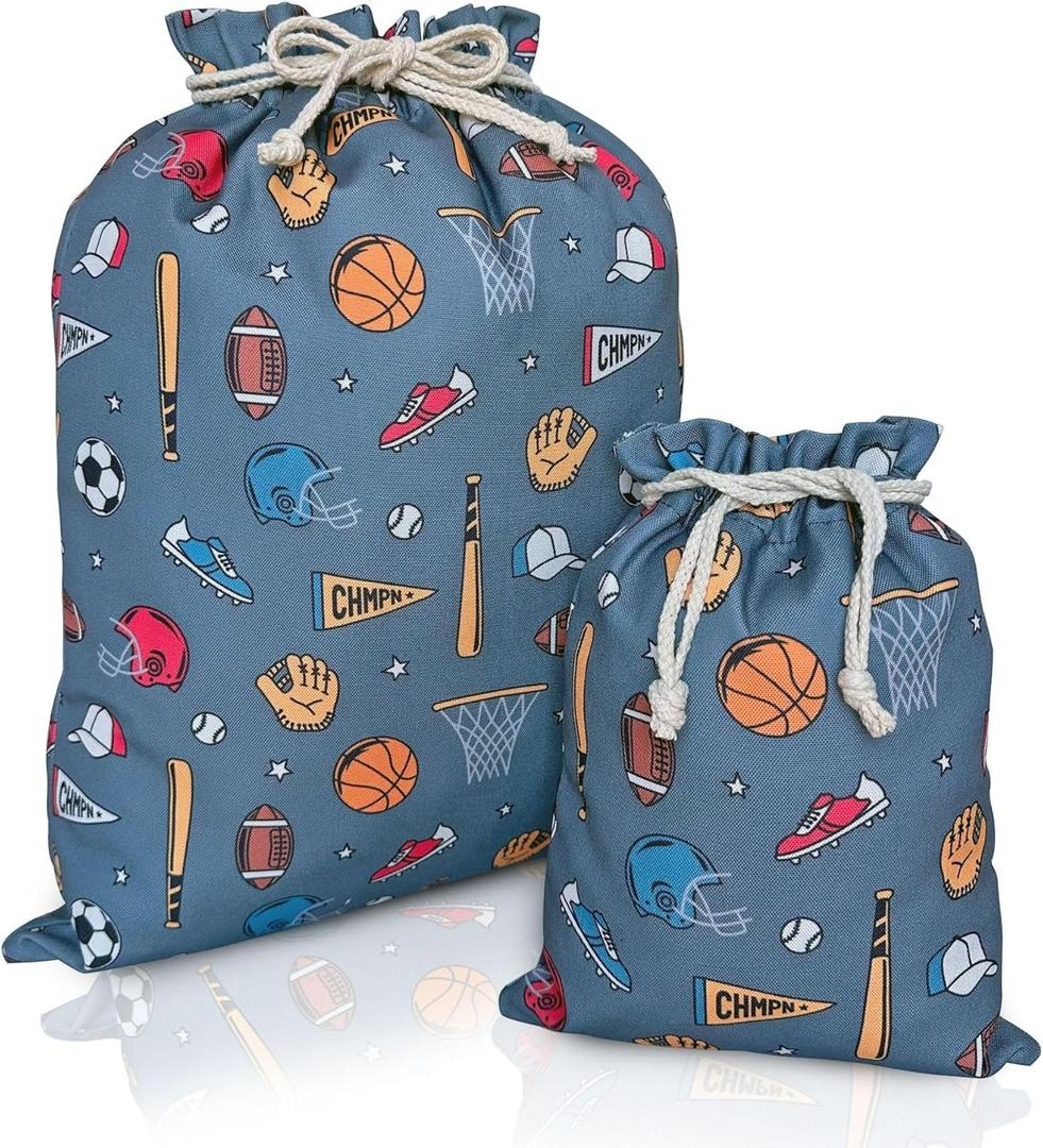 Gather & Knot Drawstring Gift Bags | 20" Large 12" Small | Premium Canvas | Reusable Fabric Wrap for Boy Birthday | Baseball Football Soccer | Sports