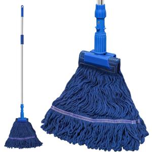 NEWE Commercial Mop for Floor Cleaning, Heavy Duty Industrial Mops with 55 inches Long Handle, Looped-End Wet Dry String Mop for Hardwood Tile Concrete Home Kitchen Office Garage (Blue)