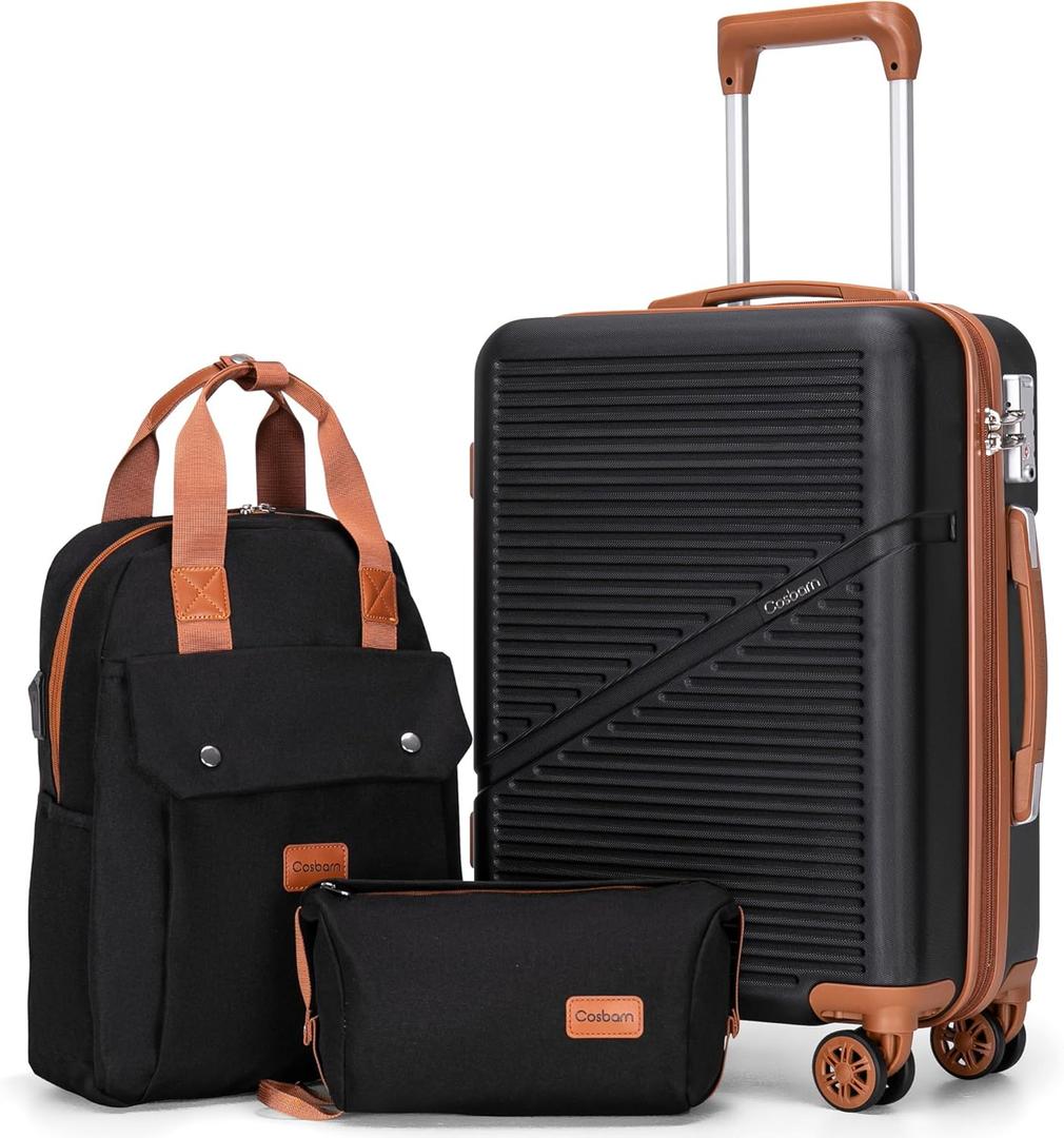 Cosbarn Carry On Luggage 22x14x9 Airline Approved, 20 Inch Carry on Suitcases with Wheels, ABS Lightweight Carry-on Luggage, Travel Suitcase Set with Wheels and TSA Lock (Black)