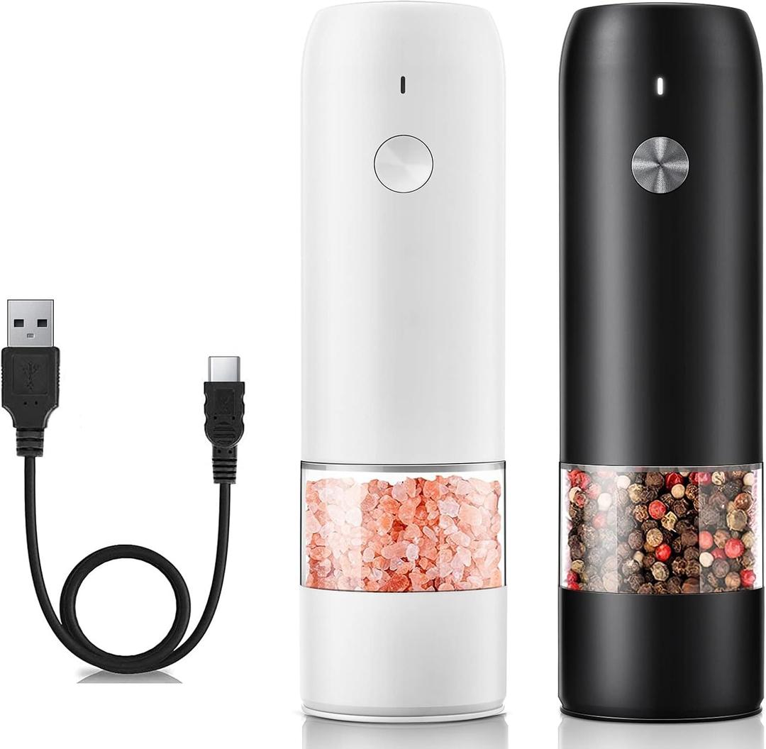KTKUDY Rechargeable Electric Salt and pepper Grinder Set - Built-In 500mAh Battery - Automatic Peppercorn and Sea Salt Spice Mill & Shakers Set with LED Light, Adjustable Coarseness (Black & White, Set of 2)