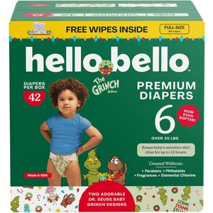 Hello Bello Diapers, Size 6 (over 35 lbs) Dr. Seuss Baby Grinch - 42 Count of Premium Disposable Baby Diapers, Hypoallergenic with Soft, Cloth-Like Feel