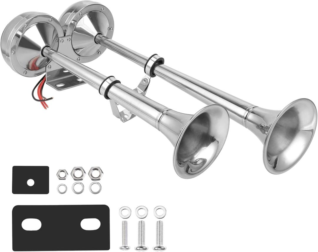 12V Marine Boat horn Waterproof Stainless Steel Dual Trumpet for Ship Truck RV Trailer Pickup Van Bus Touring Car (Dual Trumpet Horn)