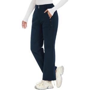 Women's-Snow-Ski-Pants-Fleece-Lined-Waterproof-Insulated Flare Warm for Snowboard Winter Hiking Travel 5 Pockets (Large, Navy Blue)