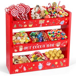 Dlerom 3 Tier Christmas Hot Cocoa Bar Wood Storage Box with 9 Compartment Hot Chocolate Bar Supplies Organizer Vintage Accessories for Home Xmas Holiday Gift Party Decoration