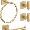 Towel Ring Set 4 Piece Bathroom Hardware Set Includes Towel Ring 2 Towel Hooks and Toilet Paper Holder Stainless Steel Wall Mounted (Brushed Gold)