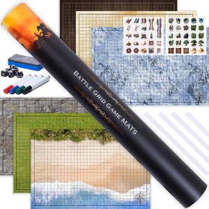 Tidyboss DND Starter Set | 3 x Double Sides 24x 36 Game Grid Mat | 6 Terrains Includes Dry Erase Markers, Eraser, Dice, Clips with 47 Reusable Terrain Stickers
