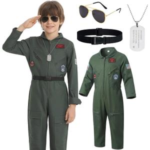 4-Piece Pilot Costume for Kids - Air Force Flight Suit with Sunglasses, Dog Tag & Belt for Halloween Career Day (10-12 Years)
