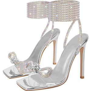 MissHeel Rhinestone Lace Up Heels with Diamante Bow 9