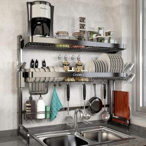 Over Sink Dish Drying Rack, 3 Tier Adjustable Length (20.87'' to 37.6'') Full Stainless Steel Large Storage Kitchen Dish Rack, Expandable Drainer Shelf Rack with Multifunctional Organizers (Black)