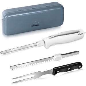 Electric Knife, Electric Carving Knife Set with Two Serrated Stainless Steel Blades, Carving Fork, with Non Slip Handle, Safety Lock and Storage Case for Meat, Bread, Other and Foods (White)