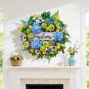 24 Inch Spring Summer Wreath for Front Door, Blue Spring and Summer Wreath with Hydrangea, Apple & Lemon, Peony Flowers and Greenery, Spring Door Wreath for Indoor Outdoor Decor