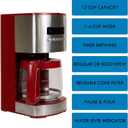 Kenmore Drip Coffee Maker - 12 Cup Programmable Cafe Machine With Glass Pot, Regular & Bold Brew, Auto Shut Off Large Water Reservoir, Reusable Filter, Kitchen Appliances For Cafeteria Barista, Red (EXP 05/22/36)