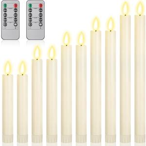 Rossesay 10 Pcs Flameless Taper Candles with Remote Battery Operated Taper Candles Include 6.5'' 7.7" 8.9" 10" 11.2" Fake LED Electric Candle Sticks for Valentine's Day Home Wedding Decor (Warm White)