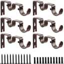 Double Curtain Rod Bracket 6 Pack Metal Curtain Rod Holders for Wall Sturdy Curtain Bracket for 1 Inch Curtain Rod Brown Wall Mounted Curtain Rod Hooks for Bedroom Living Room Patio