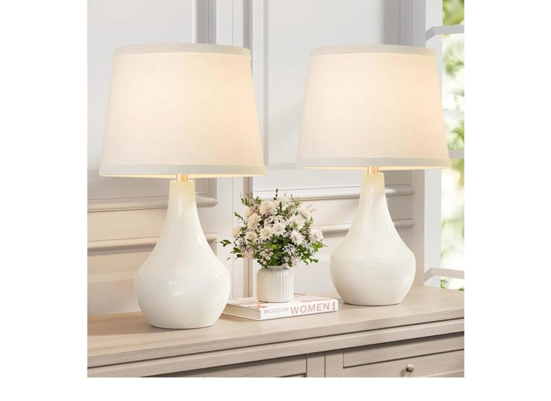 Seealle Modern Ceramic Table Lamps for Night Stands - Bedside Lamps Set of 2 for Nightstand, 19.4" White Bedroom Lamp for Living Room Cute Desk End Table Office Guest Room Dresser Rocker Swtich
