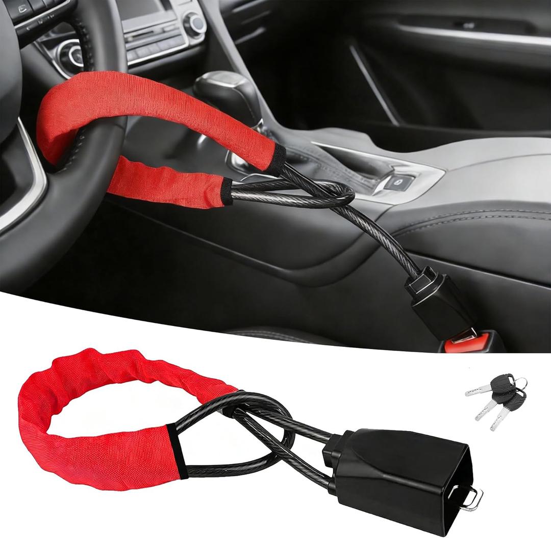 Car Steering Wheel Lock, Reliable Club Steering Wheel Lock Anti-Theft Device with 3 Keys, Max 17 Inch Length, Fits Most Vehicles, Trucks, SUVs, Vans, Golf Car Security Device - Red