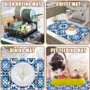 Dish Drying Mat Blue Portuguese Tiles Coffee Bar Mat for Countertop Absorbent Rubber Backed Hide Stain Dish Drainer Rack Pad Espresso Machine Cafe Table Dining Room Decoration 11.8 x 19.7 Inch