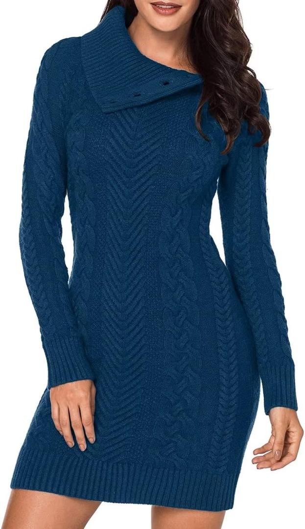 BLENCOT Womens Turtleneck Long Sleeve Elasticity Chunky Cable Knit Pullover Sweaters Jumper (X-Large, Solid Peacock Blue)