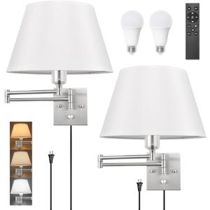 TRLIFE Dimmable Wall Sconce with Remote Control, Adjustable Color Temperature 2700K-6500K and Dimming 10-100% Swing Arm Wall Lights with Plug in Cord, 11.8" Large White Fabric Shade(2 Pack, 2 Bulbs)