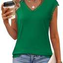 JUSTFASHIONNOW Lace Blouse Soft Cap Sleeve Tops for Women Summer V Neck Tank Tops Dressy Casual Shirts Trendy Clothes, L