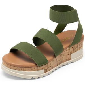 DREAM PAIRS Women's Open Toe Elastic Ankle Strap Casual Flatform Platform Wedges Sandals, Size 8, Army Green, REED-1