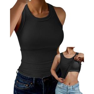 GKBK Tank Top for Women Built in Bra High Neck Ribbed Basics Tops Racerback Fitted Bra Tanks, XL