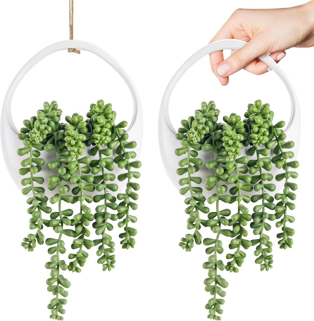 Der Rose 2 Packs Fake Hanging Plants Succulents with Strings Artificial Plants Indoor Outdoor for Boho Wall Decor (White)