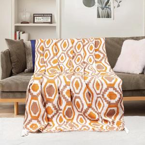 Boho Knit Throw Blanket  51"x67" Cozy & Lightweight (2.09lb) SouthwesternTassel Perfect for Sofa, Camping & WFH Stylish Home Decor, Machine Washable & Gift (Yellow, Kinted)