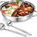 Peohud 304 Stainless Steel Hotpot Pot with Divider, 12 Inches Double-flavor Shabu Shabu Pot with Ladle and Slotted Spoon, Dual Sided Soup Cookware for Induction Cooktop Gas Stove
