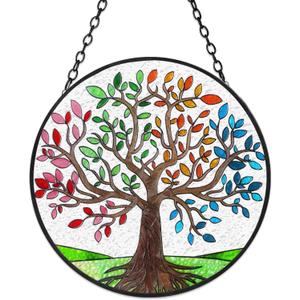 Tuitessine Tree of Life Stained Glass Suncatcher Four Season Theme Colorful Leaves Window Wall Hanging Ornament Hand-Painted Glass Panel Decor Gift for Women Christmas Thanksgiving Gift 6.3 * 6.3