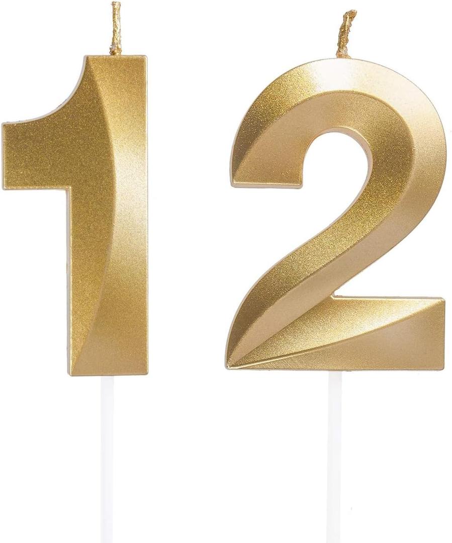 Number 12/21 Candle, Gold 3D Numeral Candles for 12/21st Birthday Cake Topper - Wedding Anniversary Party Decoration Supplies