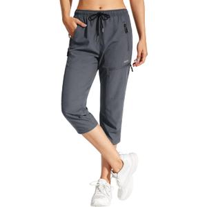 MOCOLY Women's Cargo Hiking Pants Elastic Waist Quick Dry Lightweight Outdoor Water Resistant UPF 50+ Long Pants Zipper (3X-Large, Capri-grey)