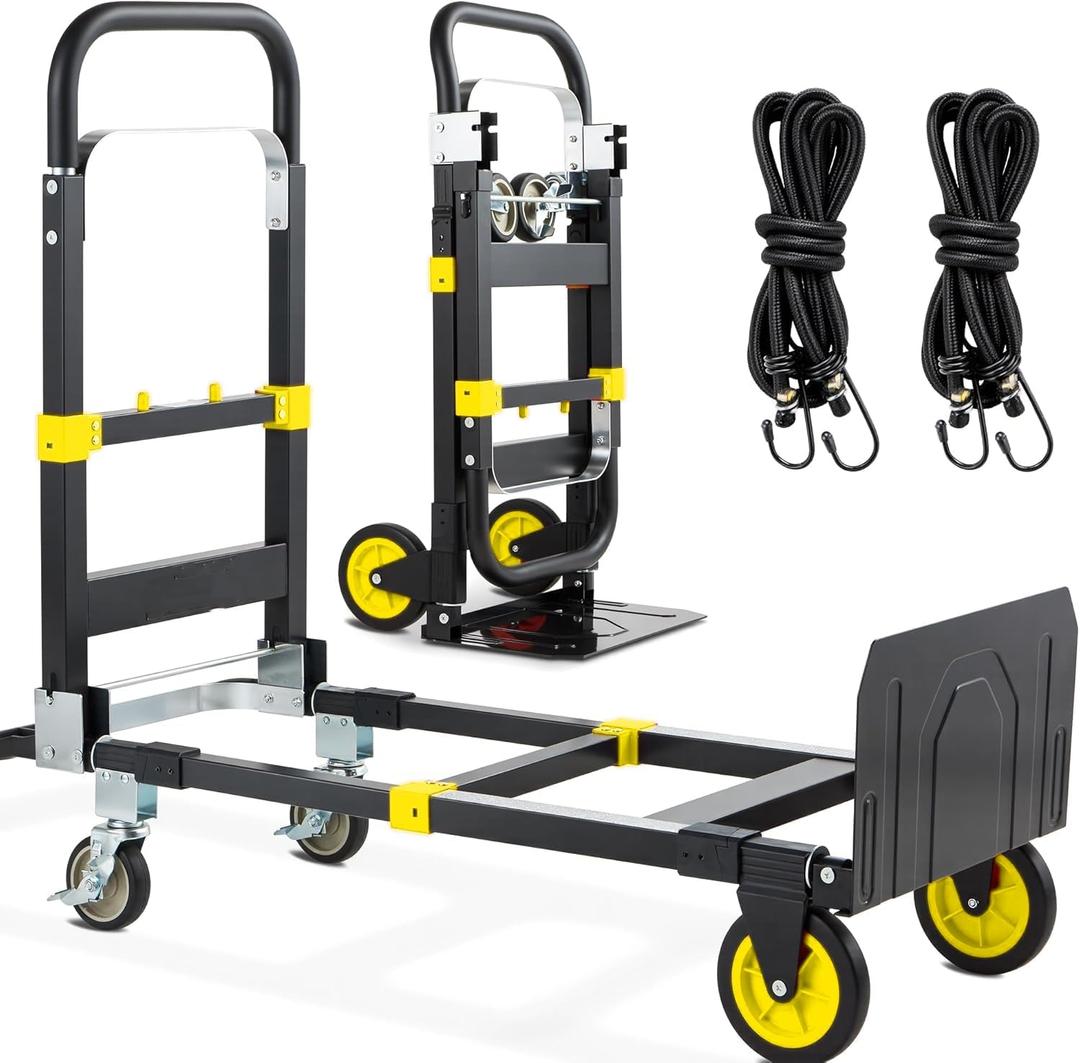 3-in-1 Folding Hand Trucks, 600Lbs Convertible Hand Truck Dolly, Heavy Duty Convertible Dolly with Retractable Handle and 4 Rubber Wheels, Collapsible Cart for Moving Office/Home/Warehous(Yellow)